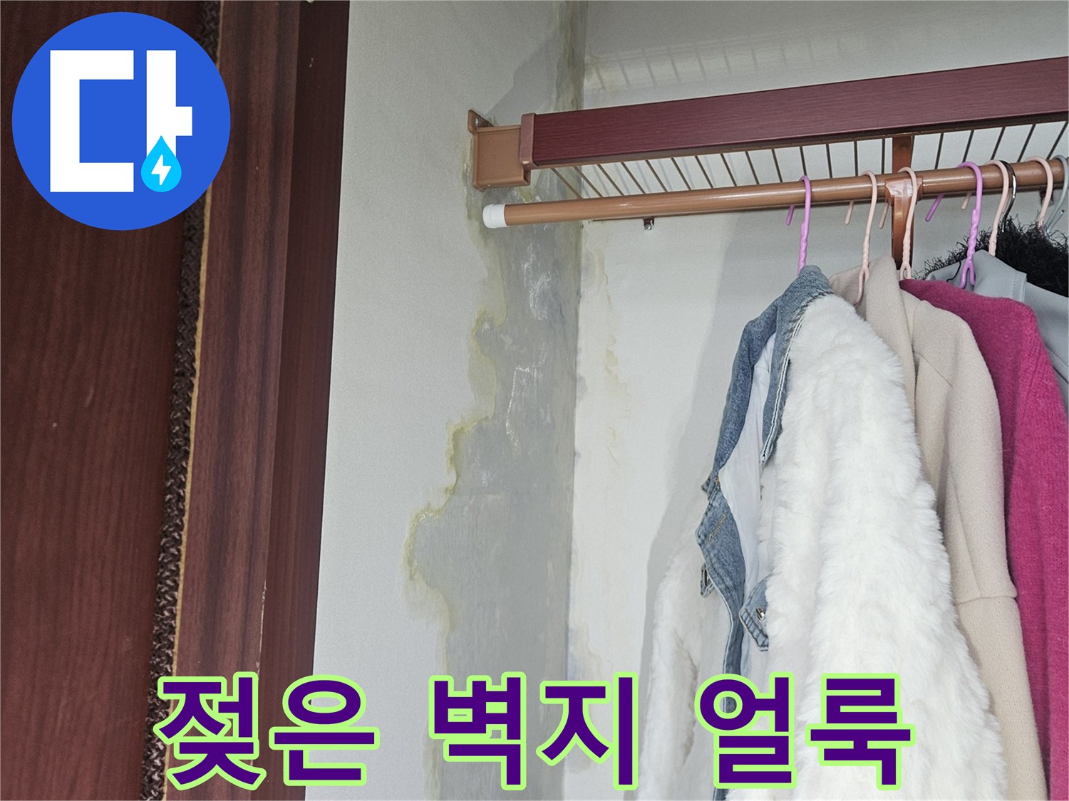 물기가 스며들어 변색된 드레스룸 하단 벽면 부위