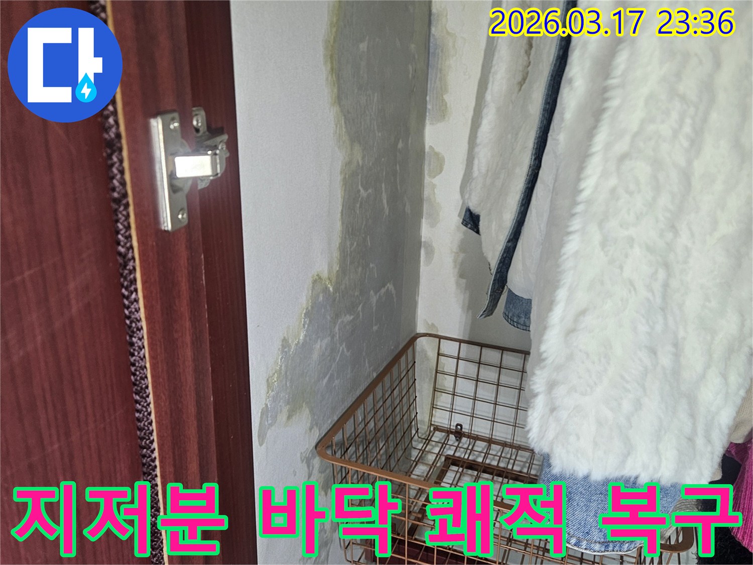 바닥의 지저분한 물 얼룩과 곰팡이-누수 해결 후 쾌적한 환경으로 복구합니다