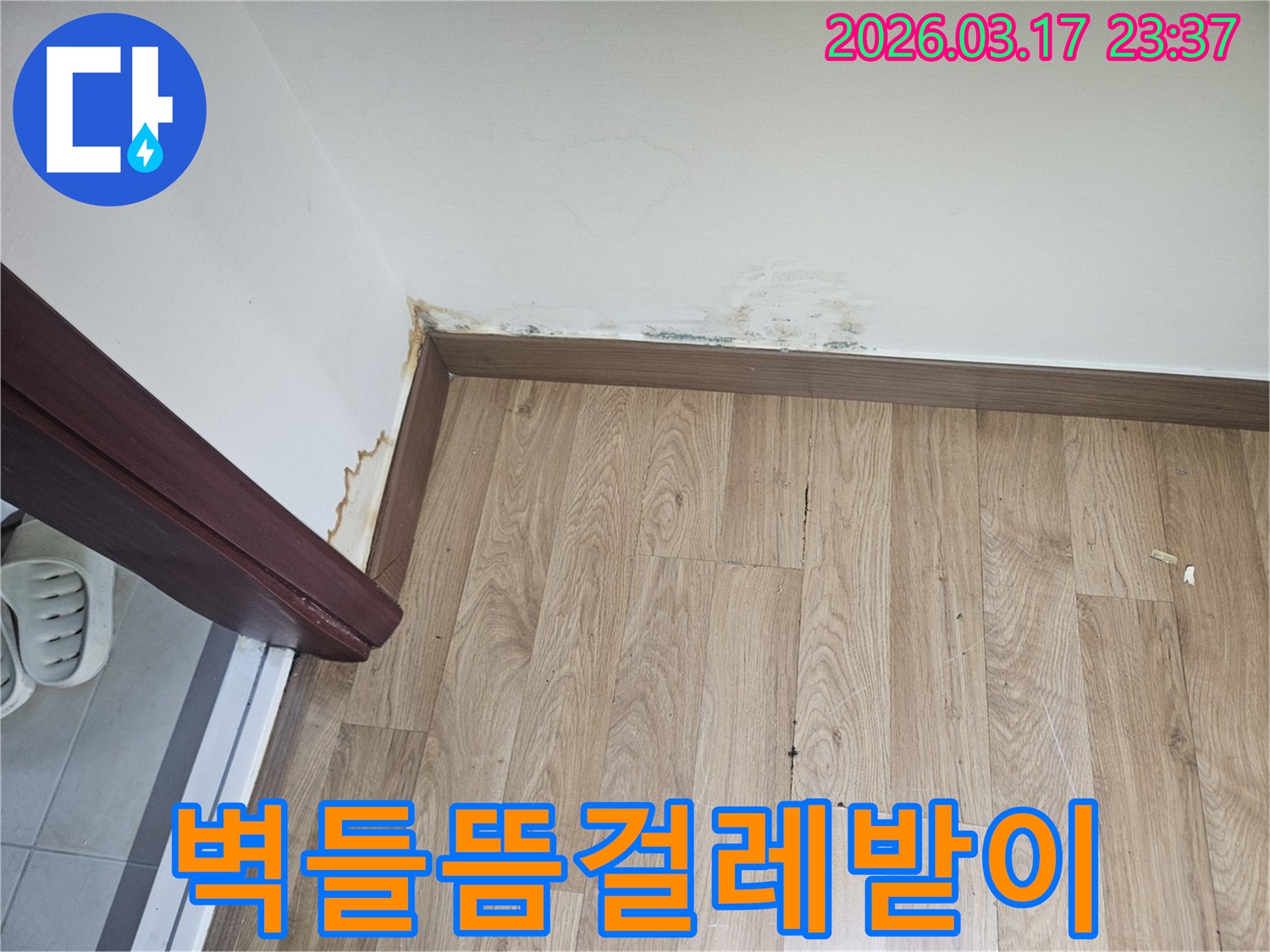 빌라 벽면 들뜸과-걸레받이 손상이-발생한-누수 현장-사진입니다