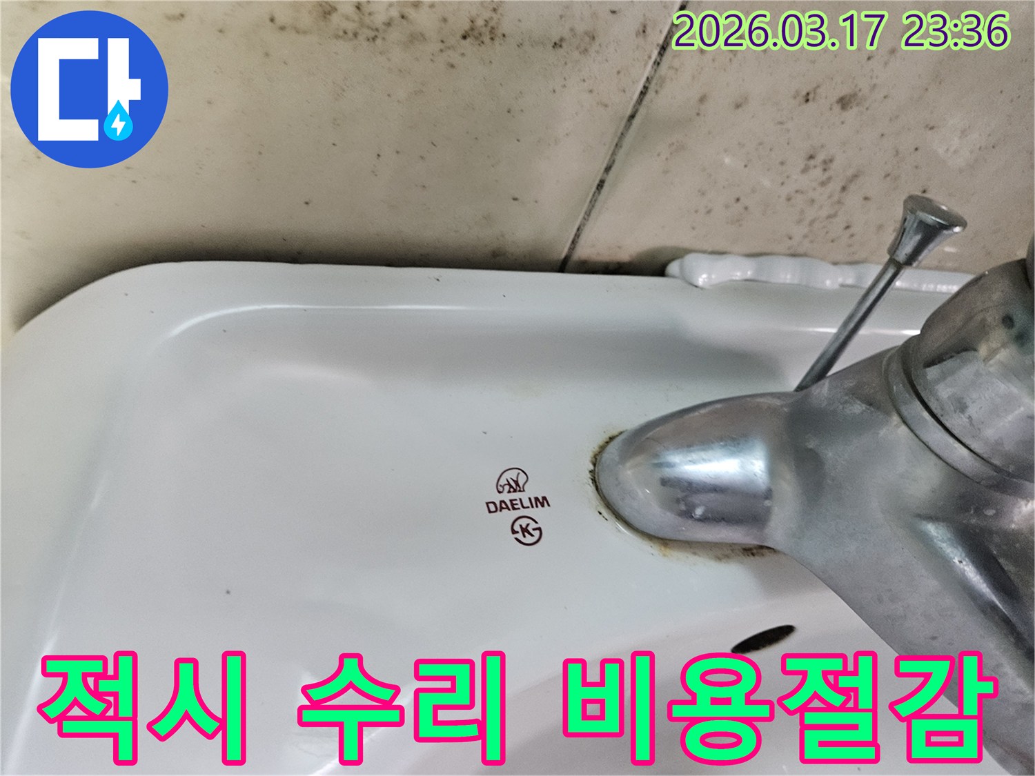 세면대 뒤편 벽에- 번식한 곰팡이와- 수도꼭지 부식이- 적시 수리로 더 큰 비용을 막을 수 있음을 시사합니다