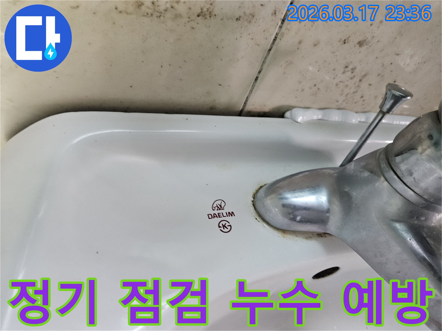 세면대 뒤편 벽의 곰팡이와- 수도꼭지 부식이- 정기적인 점검을 통한- 누수 사고 예방의- 중요성을 강조합니다