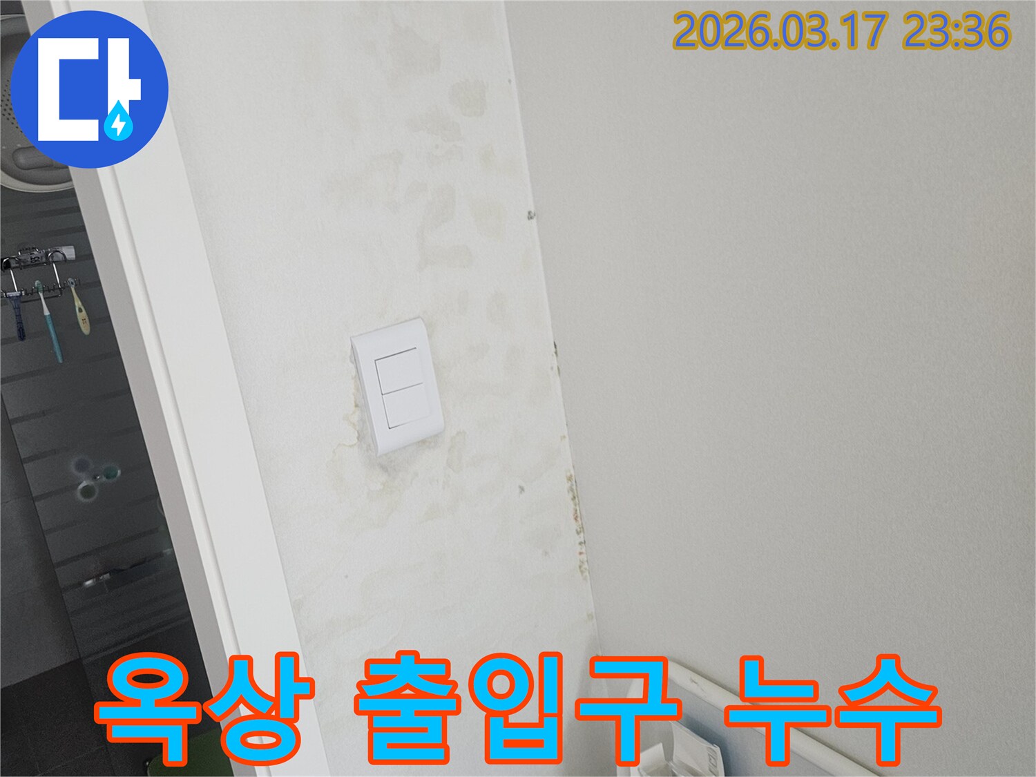 스위치-상단-벽면의-젖음이-옥상-출입구-누수로-인한-것인지-확인하고-안전과-미관을-복구하는-모습입니다.