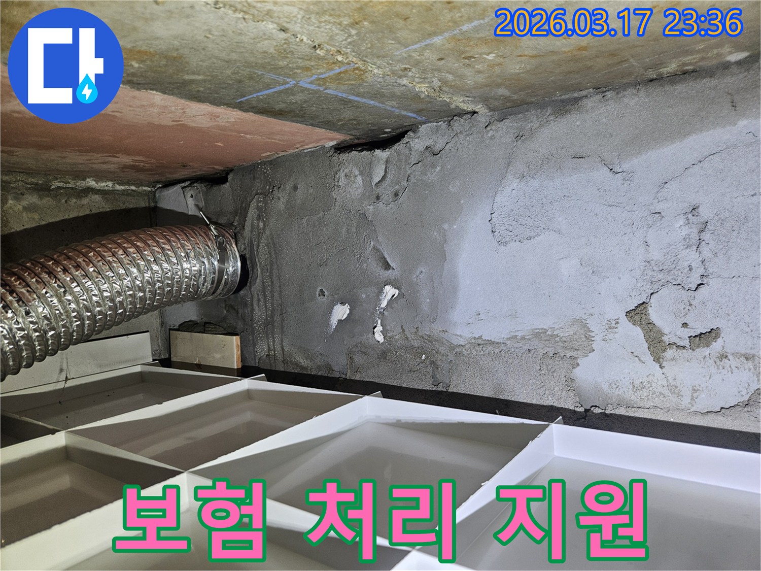 심각하게 젖은-천장과 벽면의 누수 현장에서-보험 처리 절차를 상세히 안내하고 지원