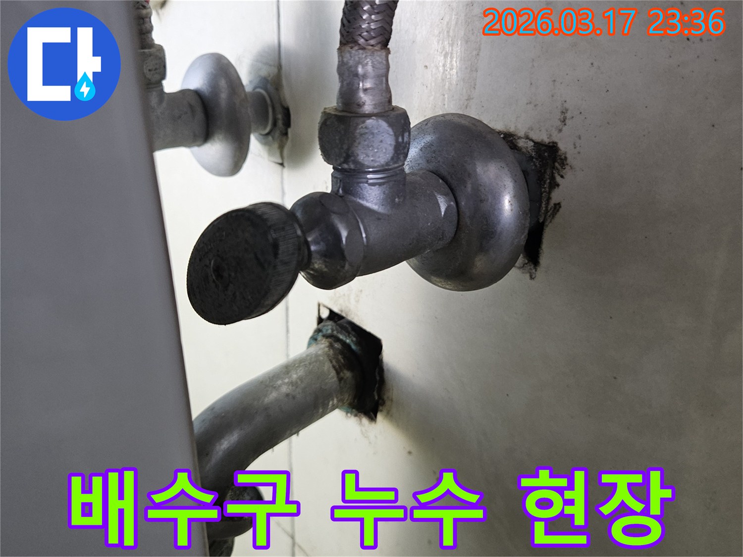 싱크대 하부의 배수구 주변에서-물이 새어 나와-주변이 젖어 있는-누수 현장 사진입니다.