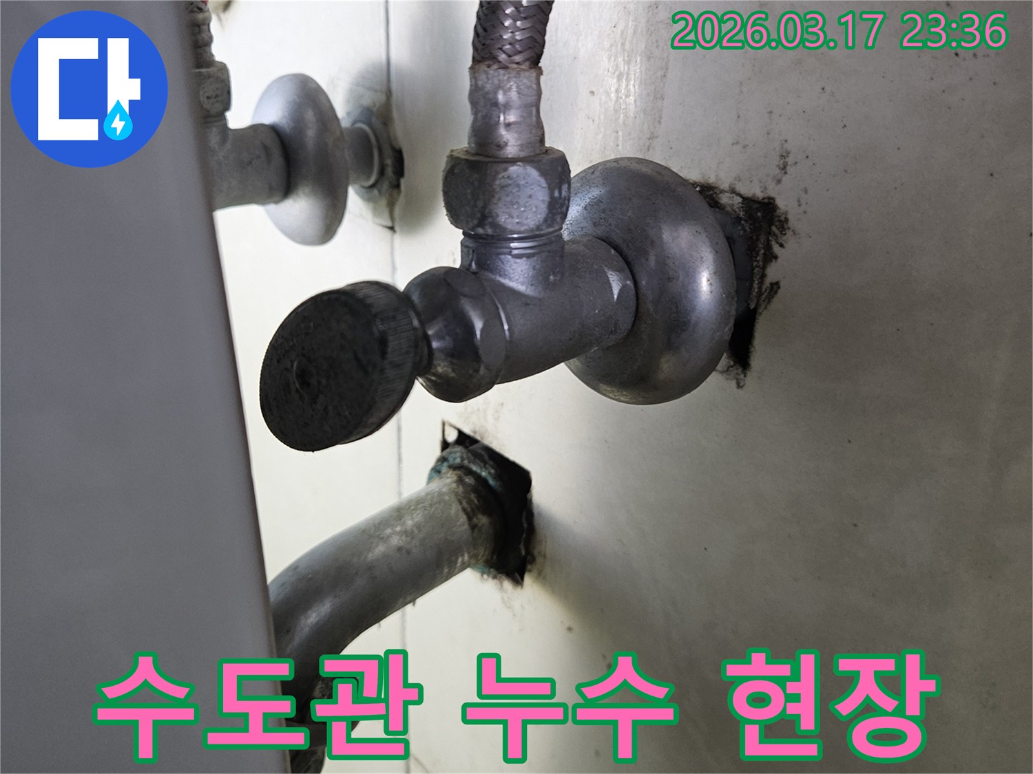 싱크대 하부의 수도관에서-물이 새어 나와-주변이 젖어 있는-누수 현장 사진입니다.