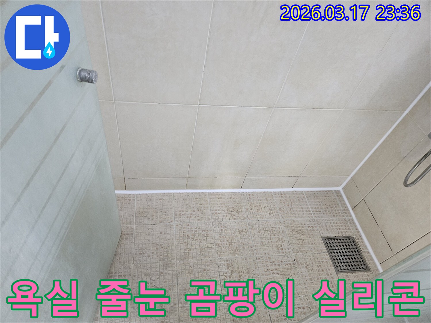 욕실 바닥 타일의-줄눈에 생긴 곰팡이를 제거하고-새로운 방수 실리콘으로-마감하여-깨끗해진 모습입니다.