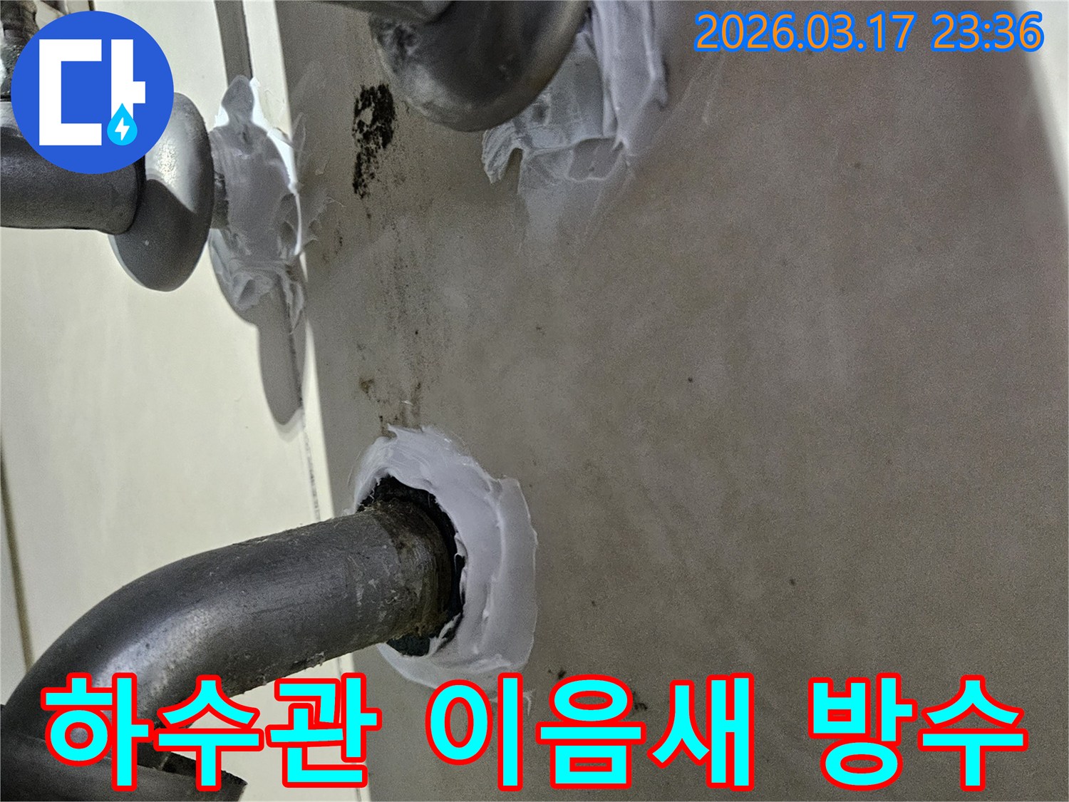 이 이미지는 빌라 하수관 이음새 부위에서 발생한 누수를-특수 방수 코팅재를 사용하여 꼼꼼하게 처리하는 과정을 보여줍니다-견고하고 오래가는 시공입니다.