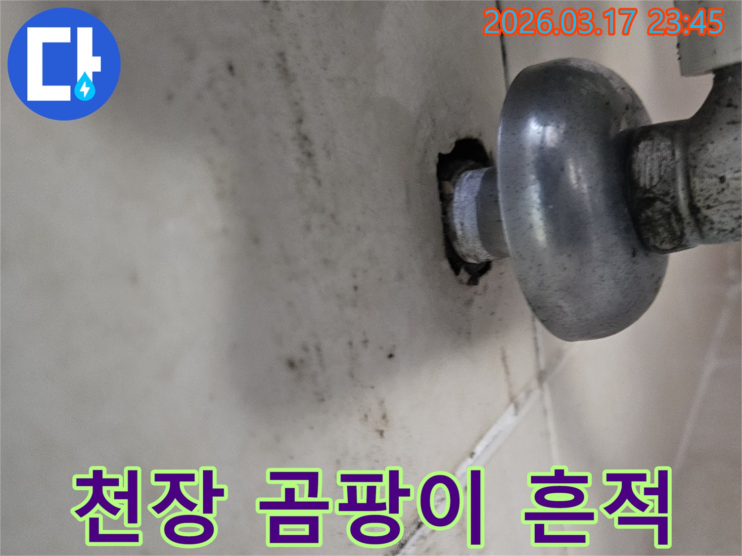 천장 배관 주변에 오래된 누수로 인해-심각하게 번진 곰팡이와 물때가 보입니다