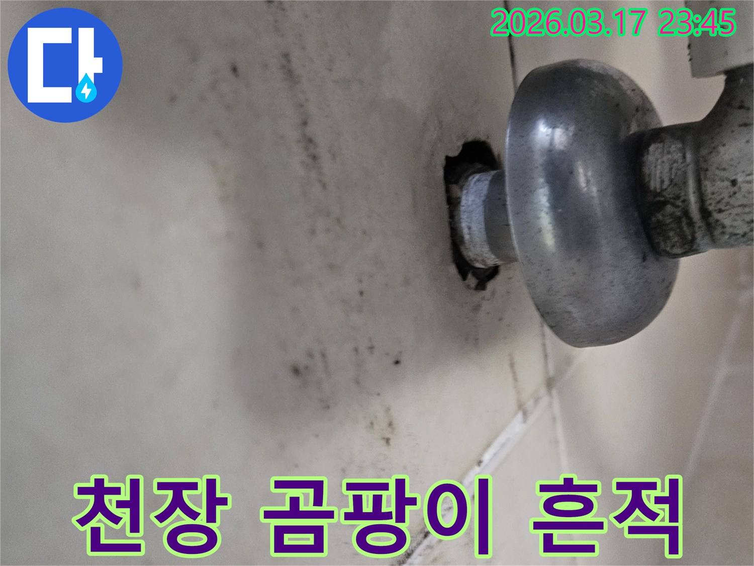 천장 배관 주변에 오래된 누수로 인해-심각하게 번진 곰팡이와 물때가 보입니다