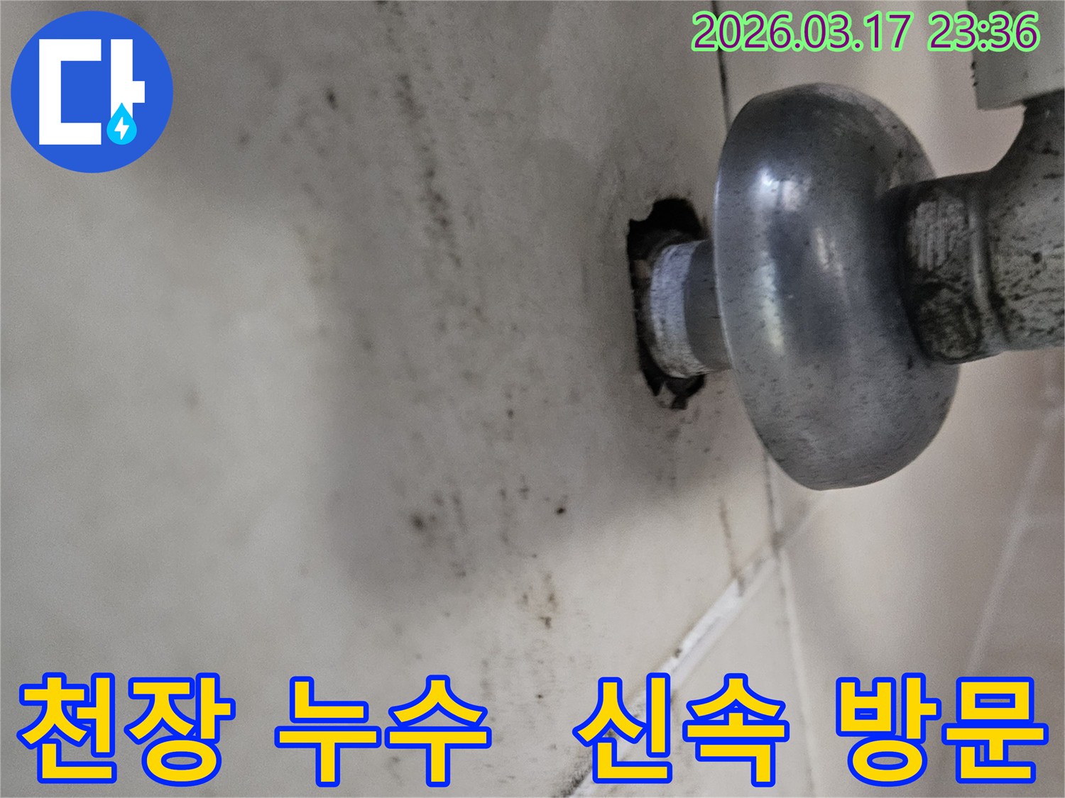 천장-배관에서-발생한-누수로-인해-오염된-벽면과-신속한-조치가-필요한-현장