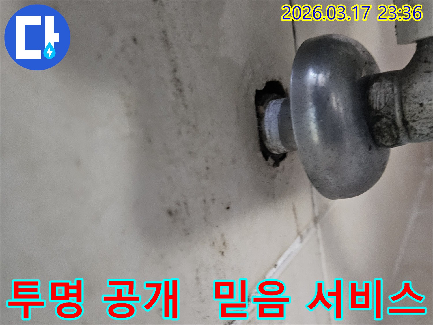 천장-배관에서-발생한-누수로-인해-오염된-벽면과-작업-과정을-투명하게-공개하여-믿음을-주는-누수-해결-모습