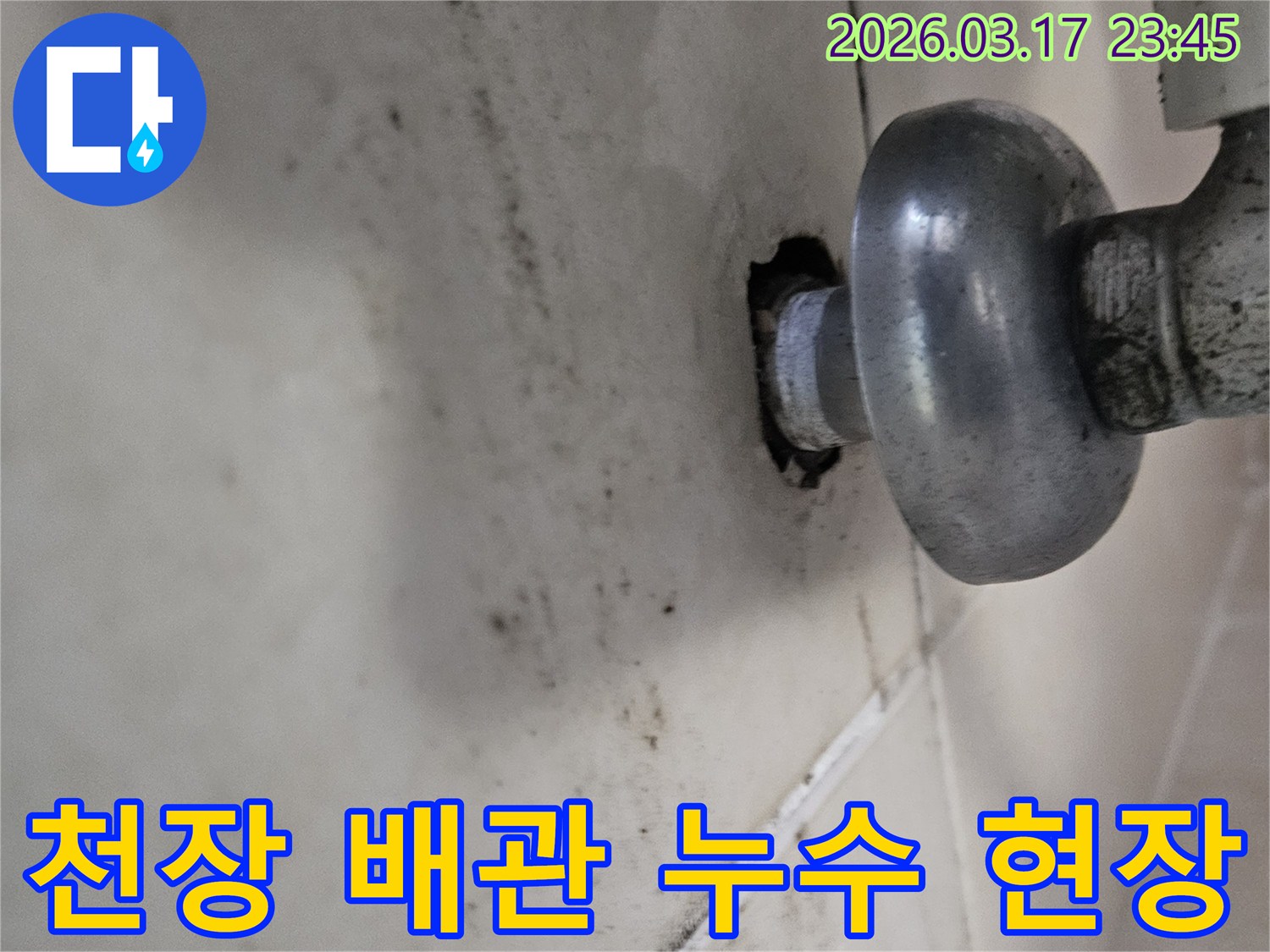 천장 배관에서 발생한 물샘은-주변 타일과 벽면에 심각한 오염을 남겼습니다
