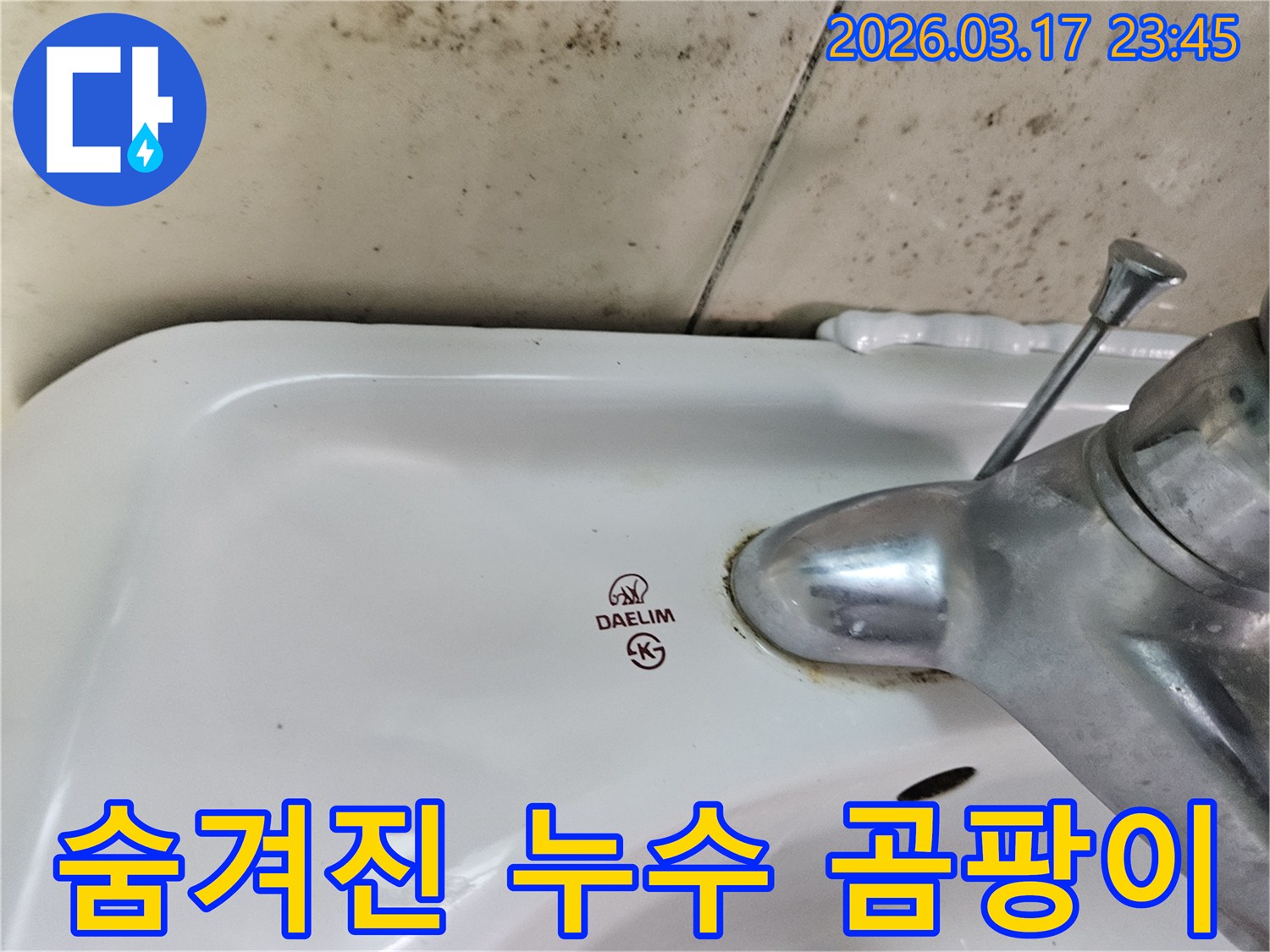 화성 병점동 아파트 욕실의 대림 세면대와-수도꼭지 주변에 발생한 검은 곰팡이가-숨겨진 누수의 명확한 신호임을 보여주는 사진입니다.