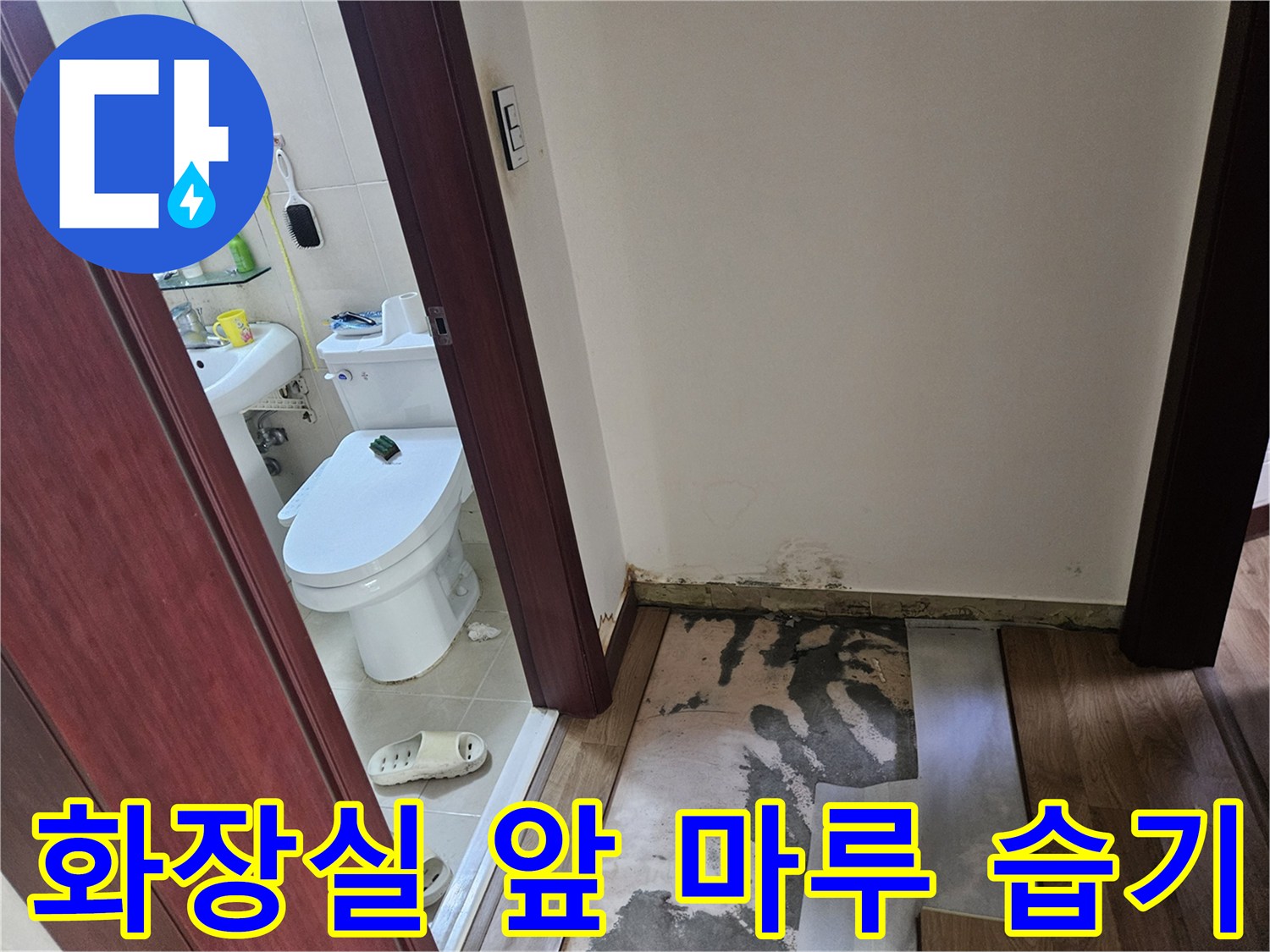 화장실 문턱과 거실 마루바닥에 올라온 습기 상태를 보여주는 사진입니다.