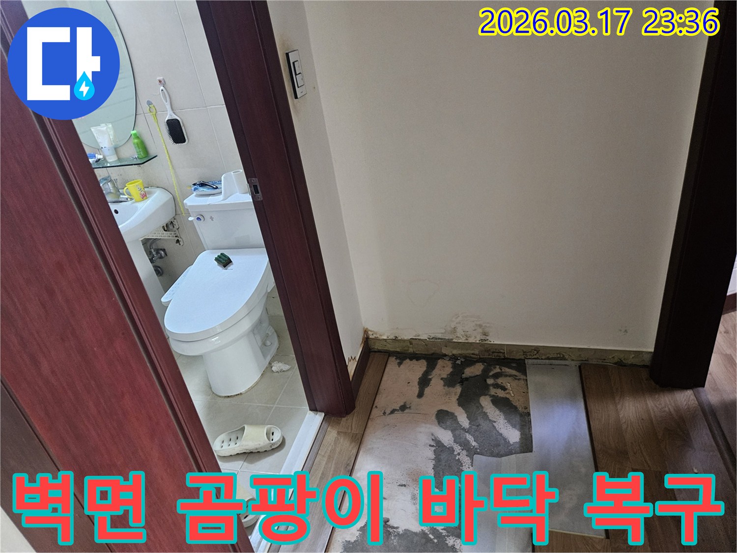 화장실 입구 벽면 하단에-누수로 인한-심각한 곰팡이가 발생하여-바닥재가 제거된-현장 사진입니다