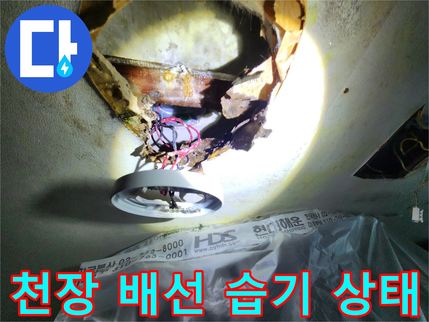 전등 내부 구조-물에 젖은 천장 마감재와 배선