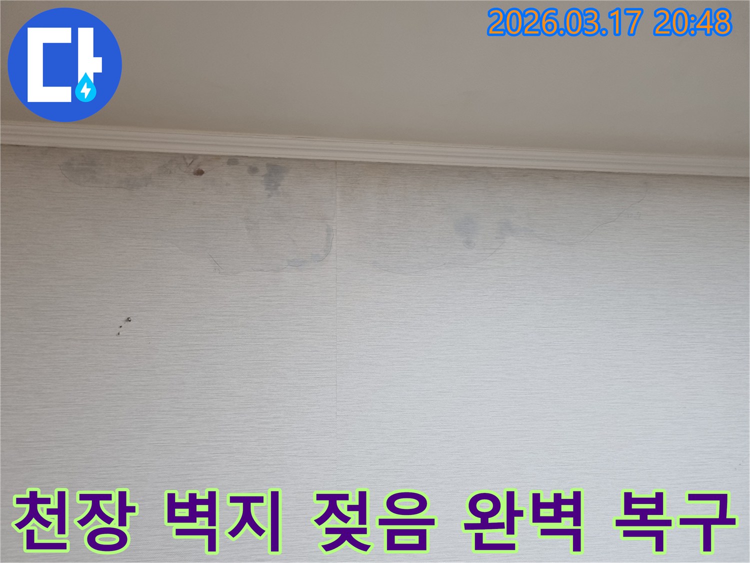천장과 벽지 경계의 젖은 흔적-누수 발생의 명확한 증거-전문가의 신속한 복구가 필요합니다