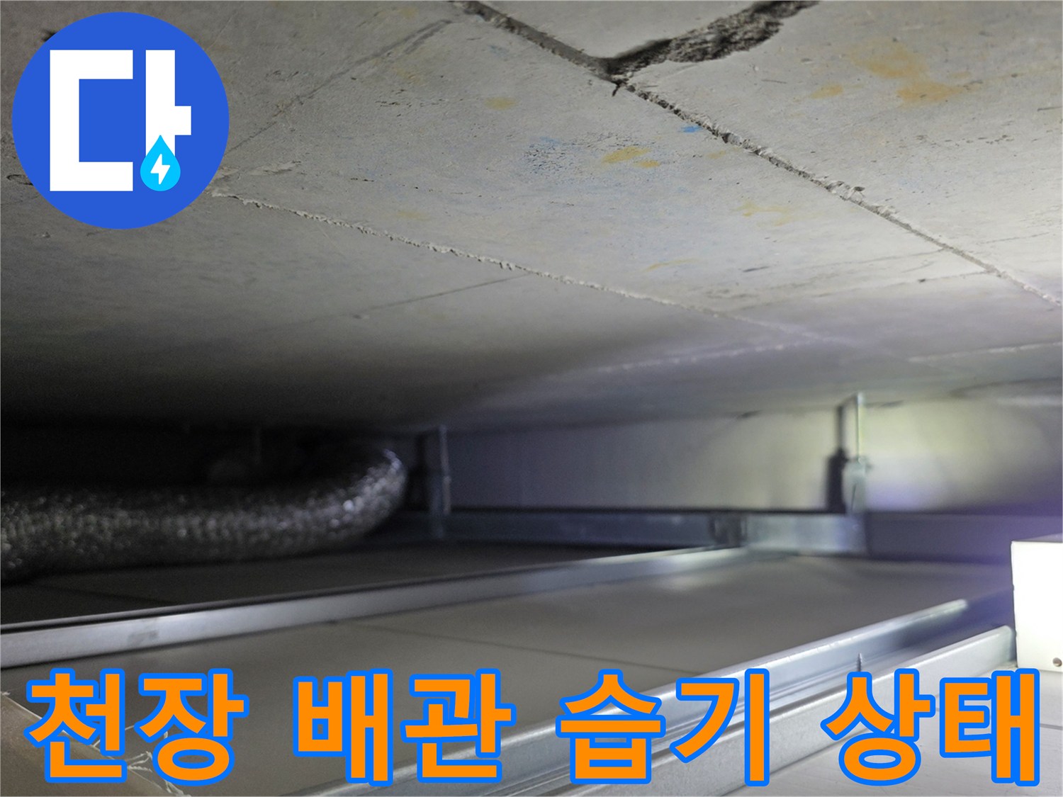 콘크리트 천장-배관 주변의 습기와 균열 확인
