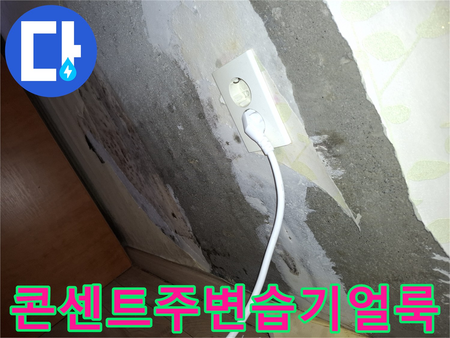 축축하게 젖은 콘센트 주변 벽면의 모습