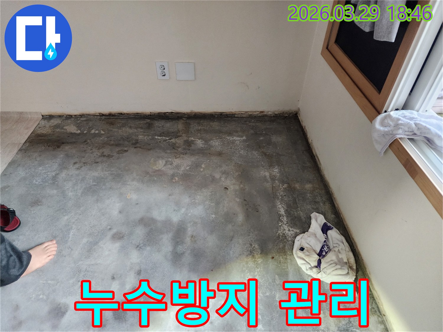 이 이미지는-남양주 오남읍의 한 건물에서-바닥과 벽면 경계에-습기와 곰팡이가 발생한-누수 현장을-보여주며-누수 방지의 중요성을-강조합니다
