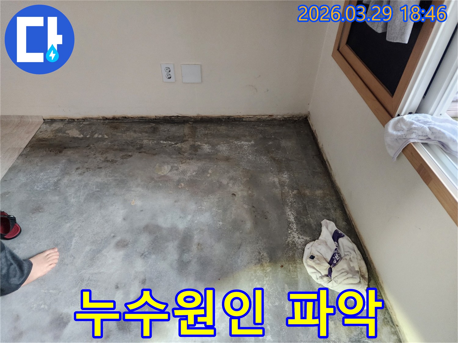 이 이미지는-남양주 오남읍의 한 건물에서-바닥과 벽면 경계에-습기와 곰팡이가 발생한-누수 현장을-보여주며-정확한 원인 파악의-중요성을 강조합니다
