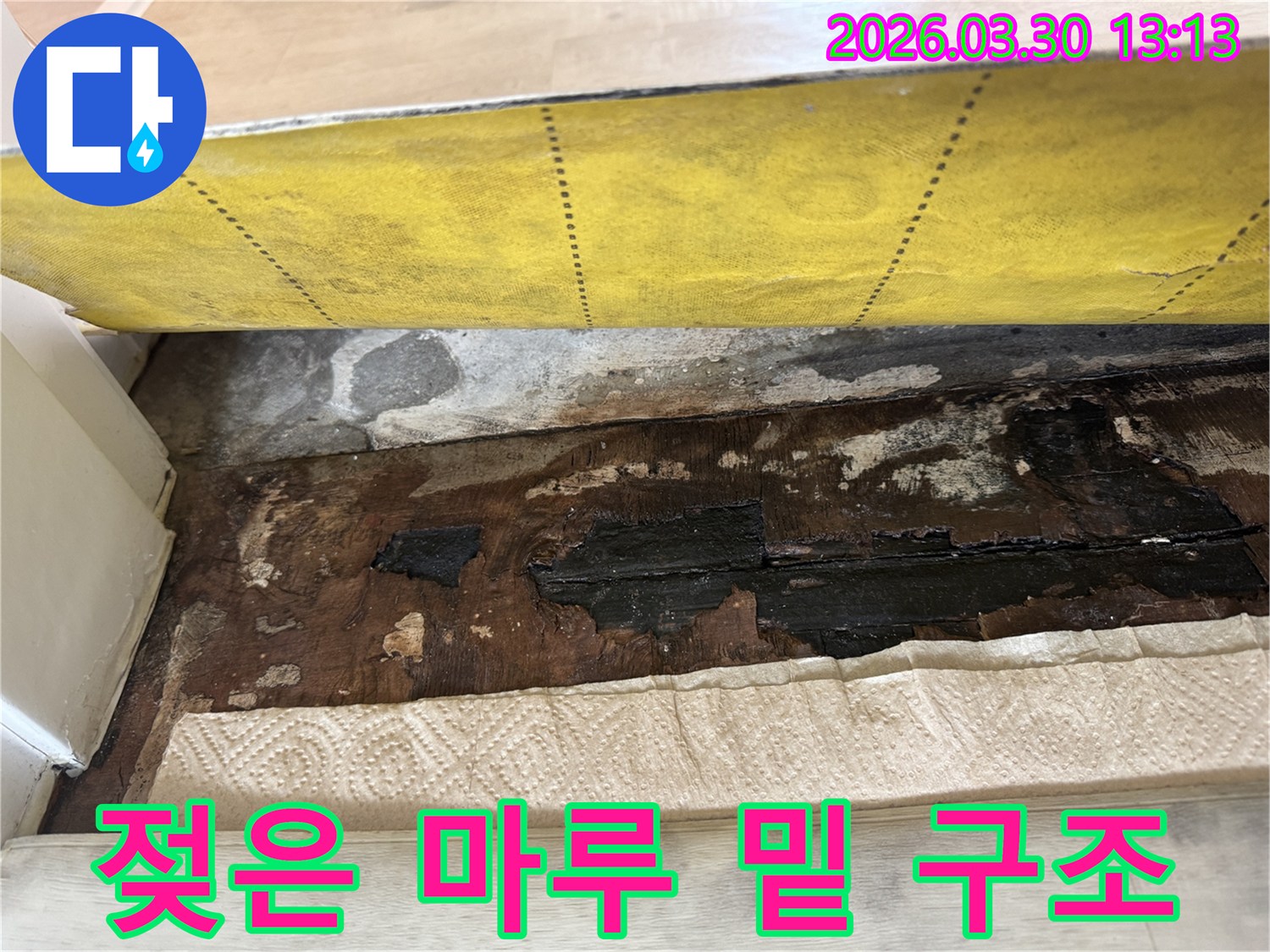 마루를-걷어내자-습기로 인해-젖고-변색된-하부 목재가-드러난-현장 사진입니다