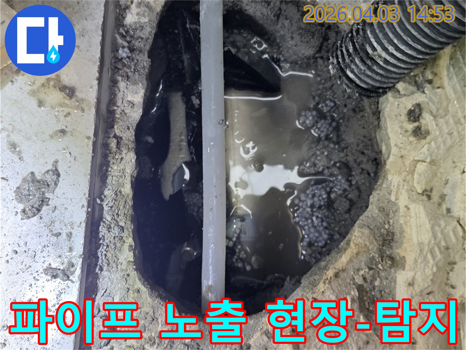 누수 지점을 확인하기 위해-콘크리트를 파쇄하고 드러난 배관의 모습과 물이 차 있는 상태를 보여줍니다.