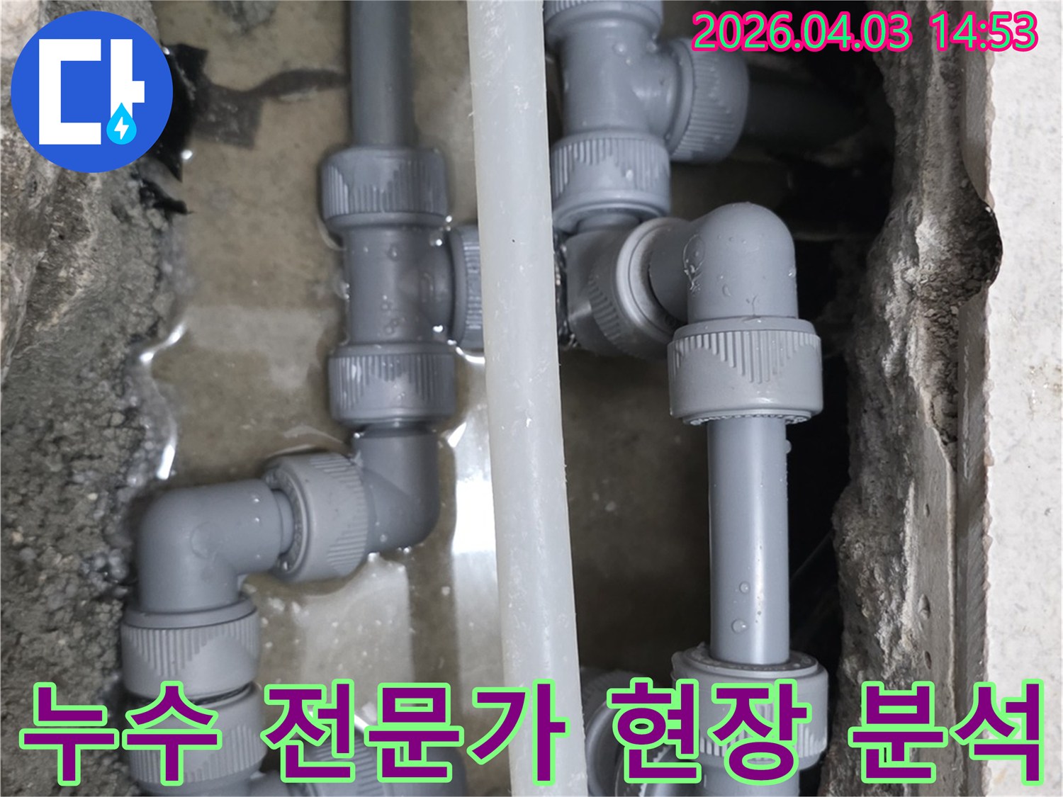 파주 운정 지역의 누수 현장에서-전문가가 배관 상태를 면밀히 분석하고 있는 모습입니다.