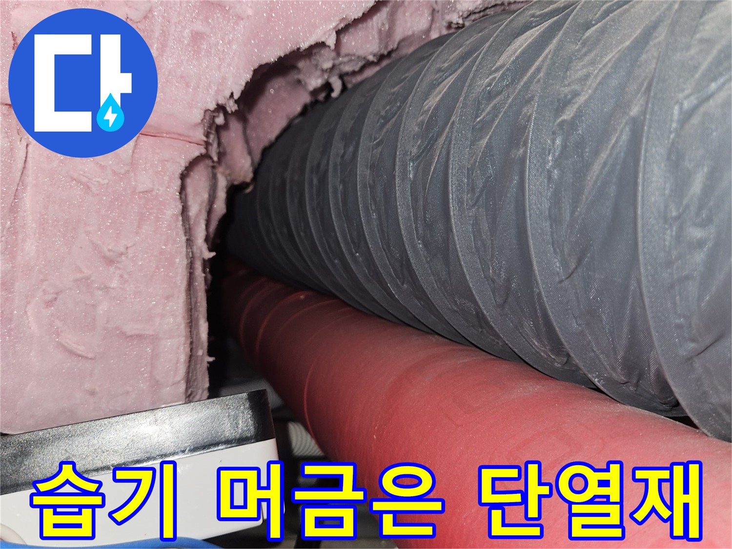 젖어 있는 분홍색 단열재와-설비 배관의-근접 촬영