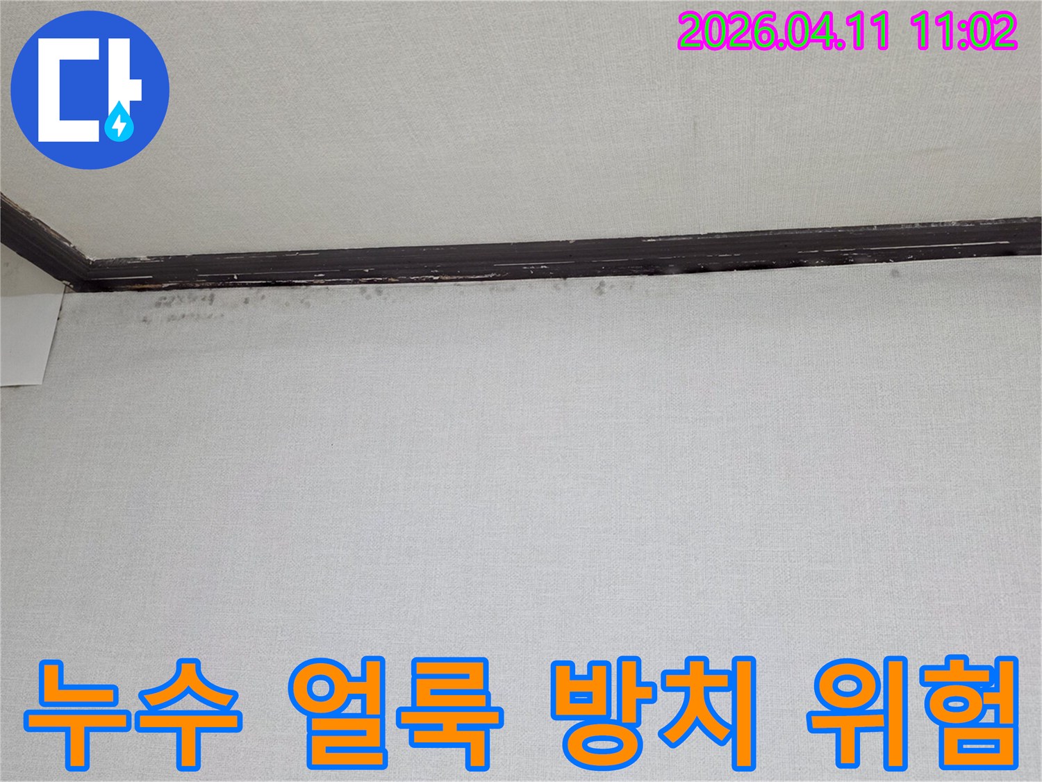 천장과-벽면-경계에-나타난-어두운-물얼룩과-곰팡이-흔적을-보여주는-누수-방치-위험-사진입니다