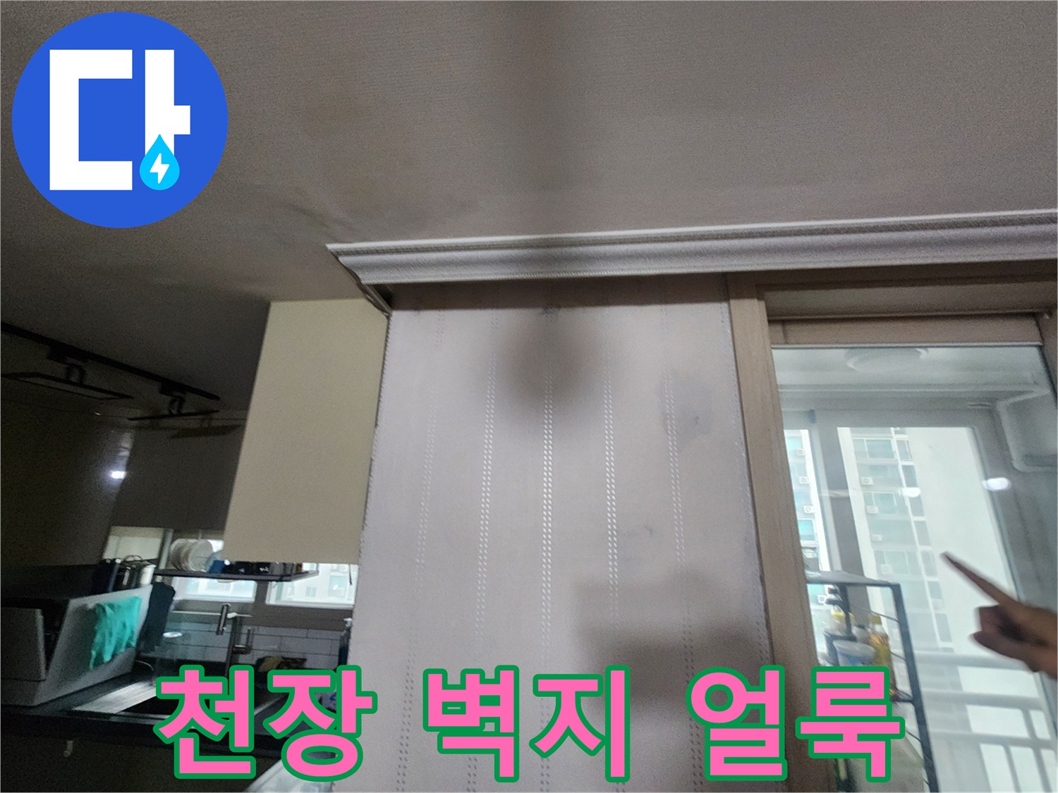 거실 천장과 벽면에 발생한 넓은 범위의 물 얼룩 상태