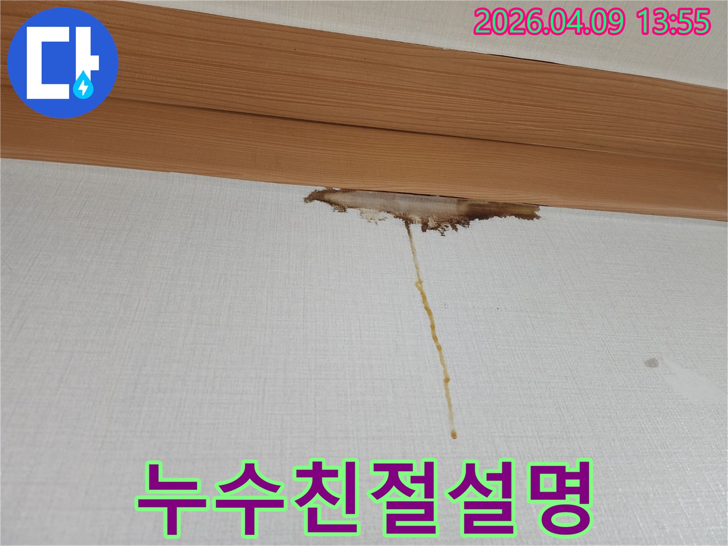 천장-몰딩-아래-벽지가-누수로-인해-젖고-변색된-모습으로-전문가의-설명이-필요한-현장입니다
