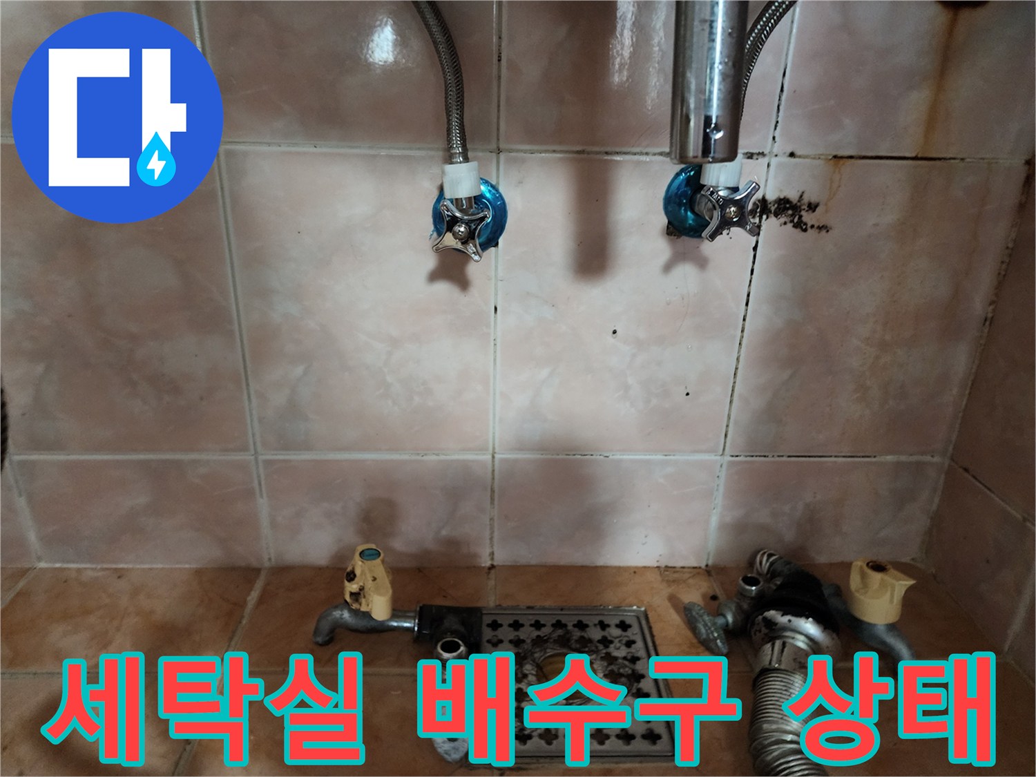 부천 원미구 세탁실 배수구 주변의 물샘 흔적과 배관 연결 부위 모습
