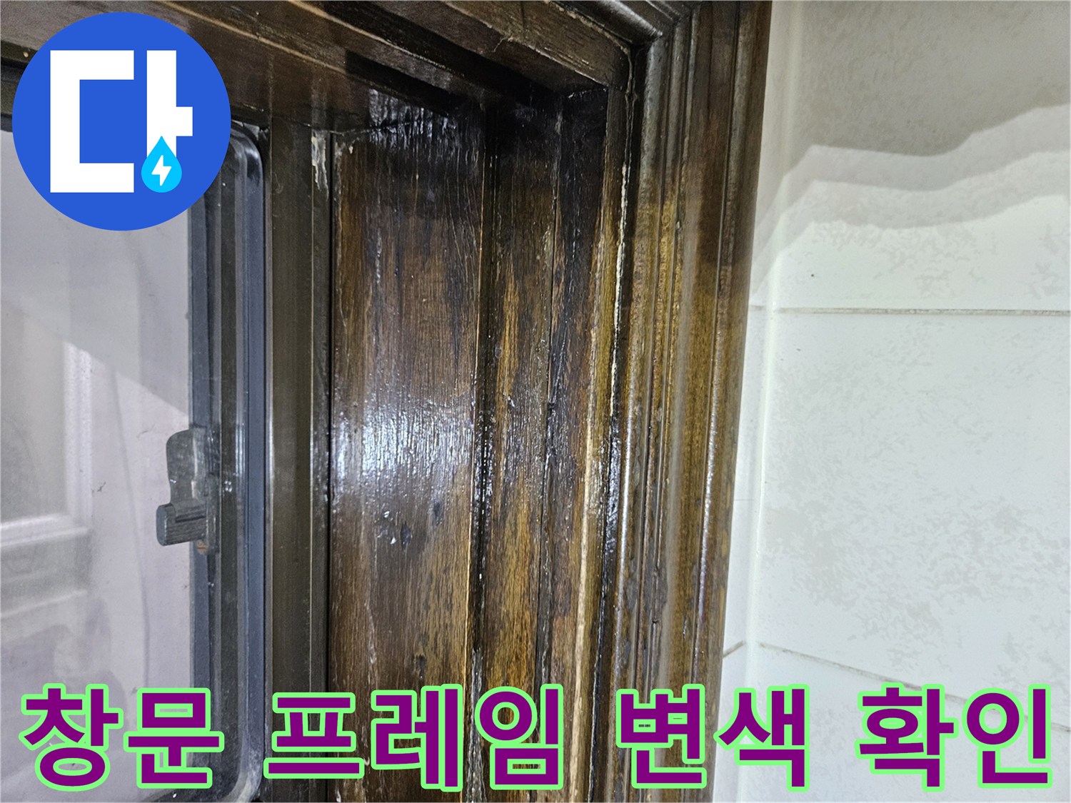 나무 창틀 프레임-물기로 인해 짙게 변한 목재 부위 상세 촬영