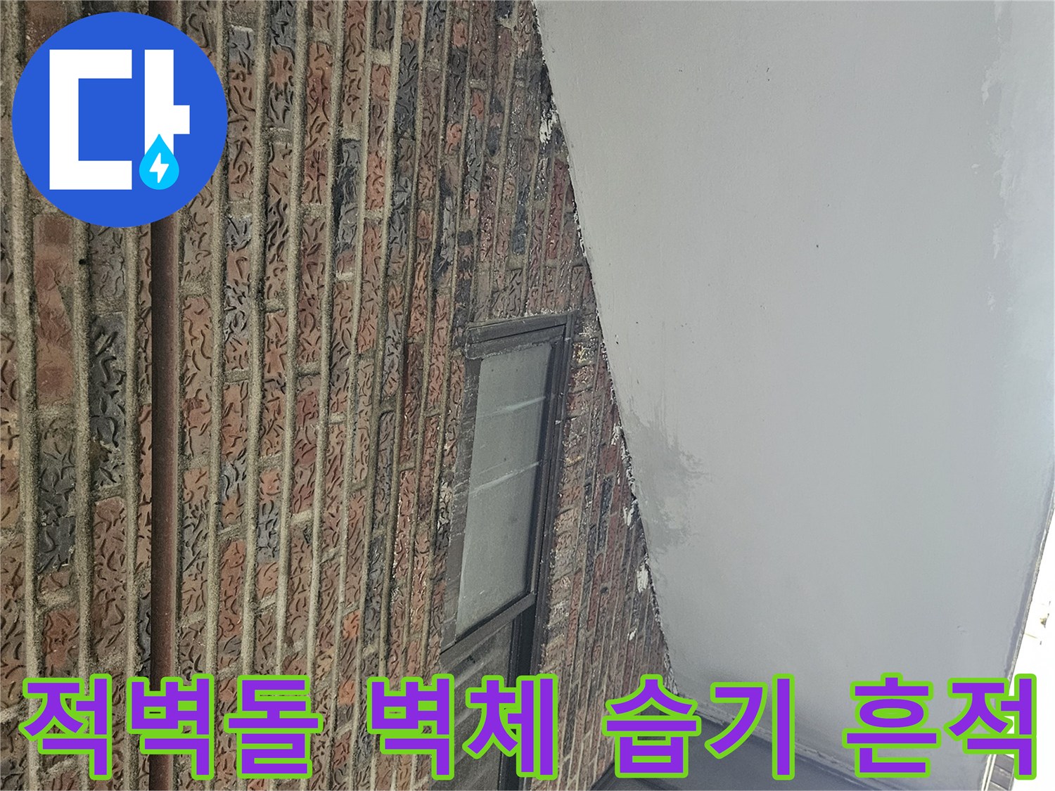 습기가 유입된 것으로 보이는 적벽돌 외벽의 근접 촬영 사진입니다.