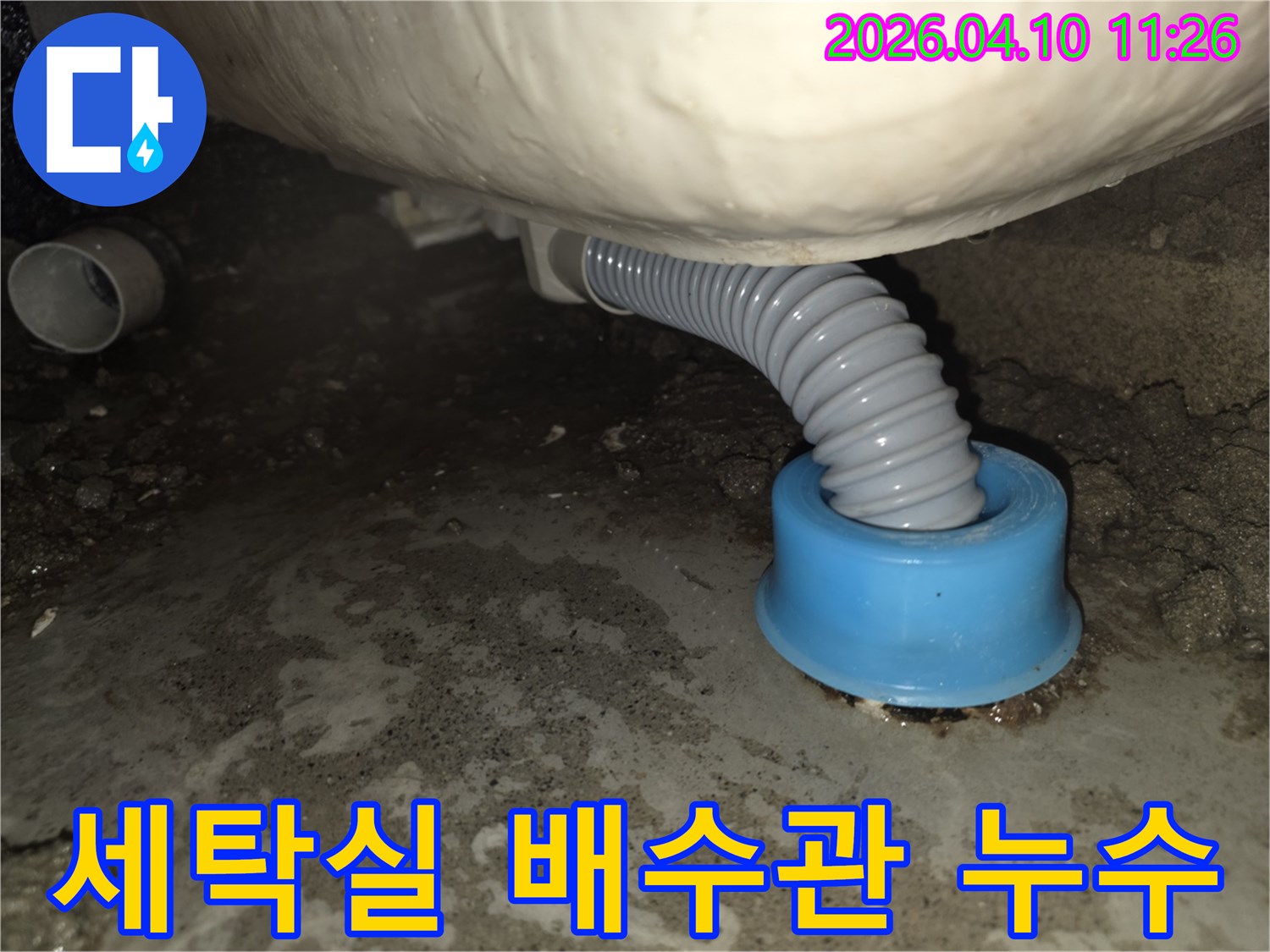 세탁기 배수 호스에서 물이 새어 바닥에 고인 누수 현장을 보여주는 이미지