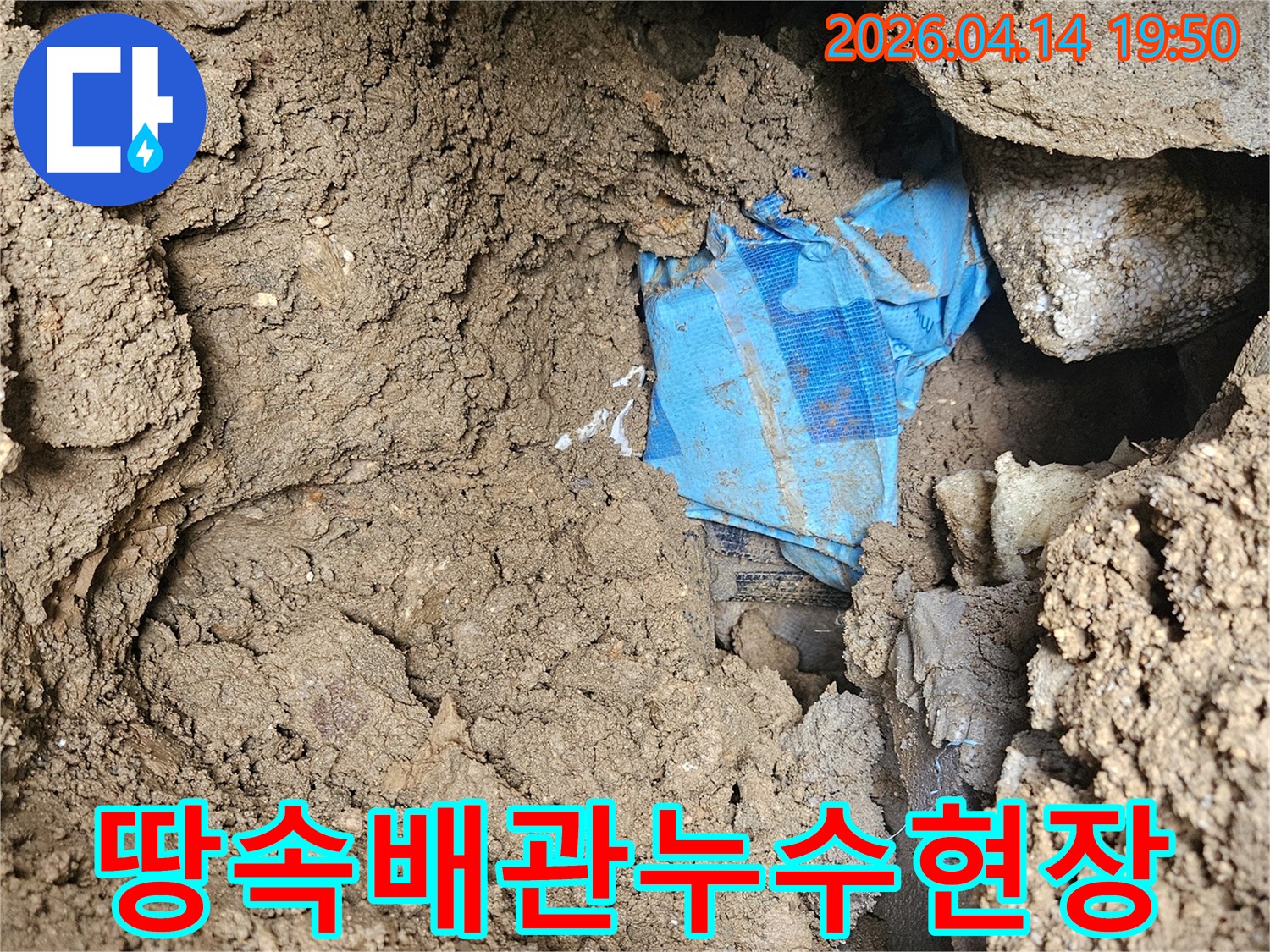 흙 속에 파묻힌 파란색 배관이 드러난-누수 공사 현장 이미지