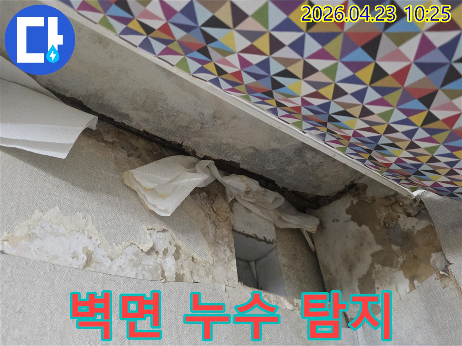 벽면에서-물이-새어-나와-벽지가-손상된-누수-현장에서-정밀-탐지를-진행하는-모습입니다.