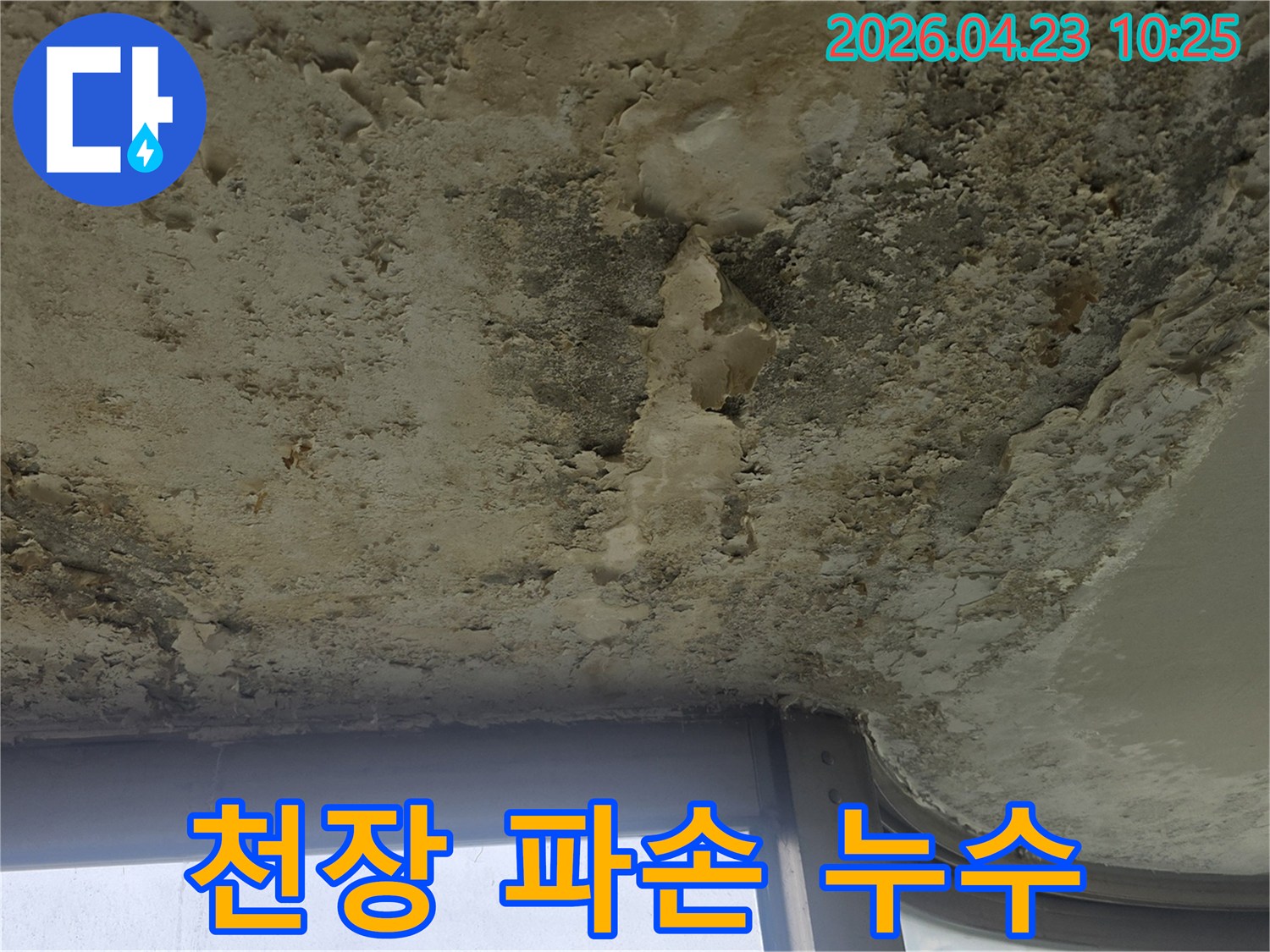 창가 주변 천장에 발생한 누수로-벽지가 젖고 페인트가 박리된-아파트 내부의 손상된 모습