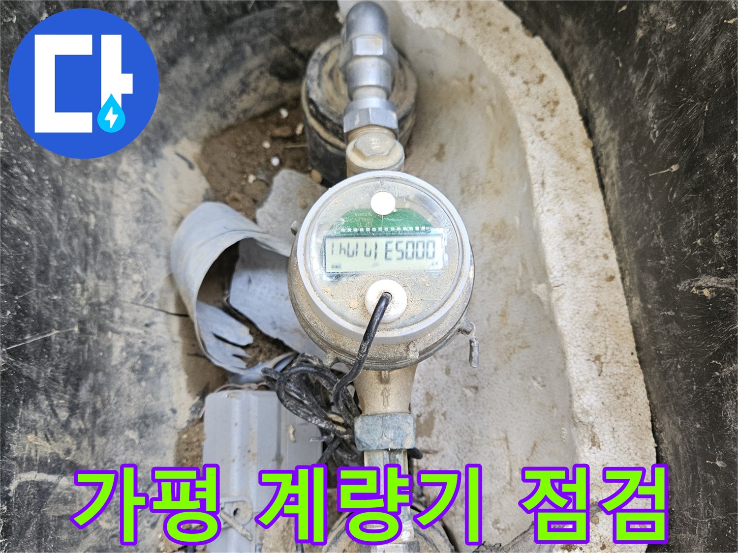 누수 진단을 위해- 지하에 매설된 듯한- 수도 계량기 주변을- 전문가가 확인하는- 중요한 순간입니다.