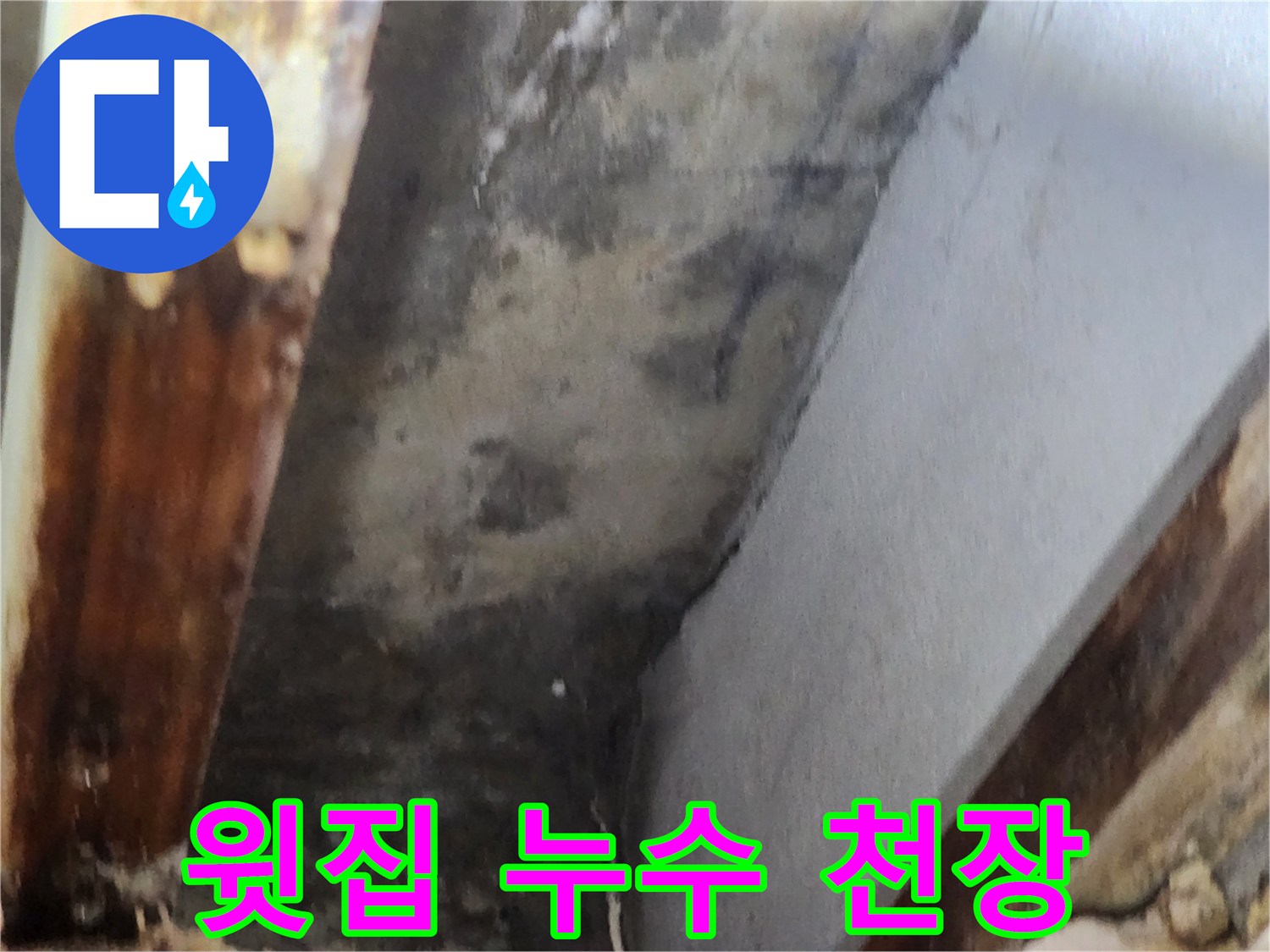 윗집 배관 누수로 인해 천장에 발생한 물자국과-곰팡이 피해 현장을 담은 이미지입니다