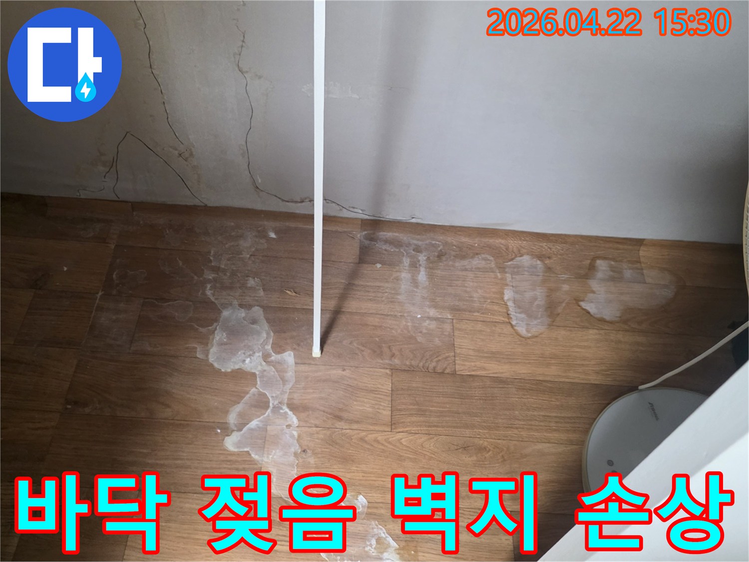 이 사진은 바닥에 생긴 물자국과 벽면의 습기 흔적을 보여주며-누수 엔지니어가 현장 점검을 진행하고 있습니다