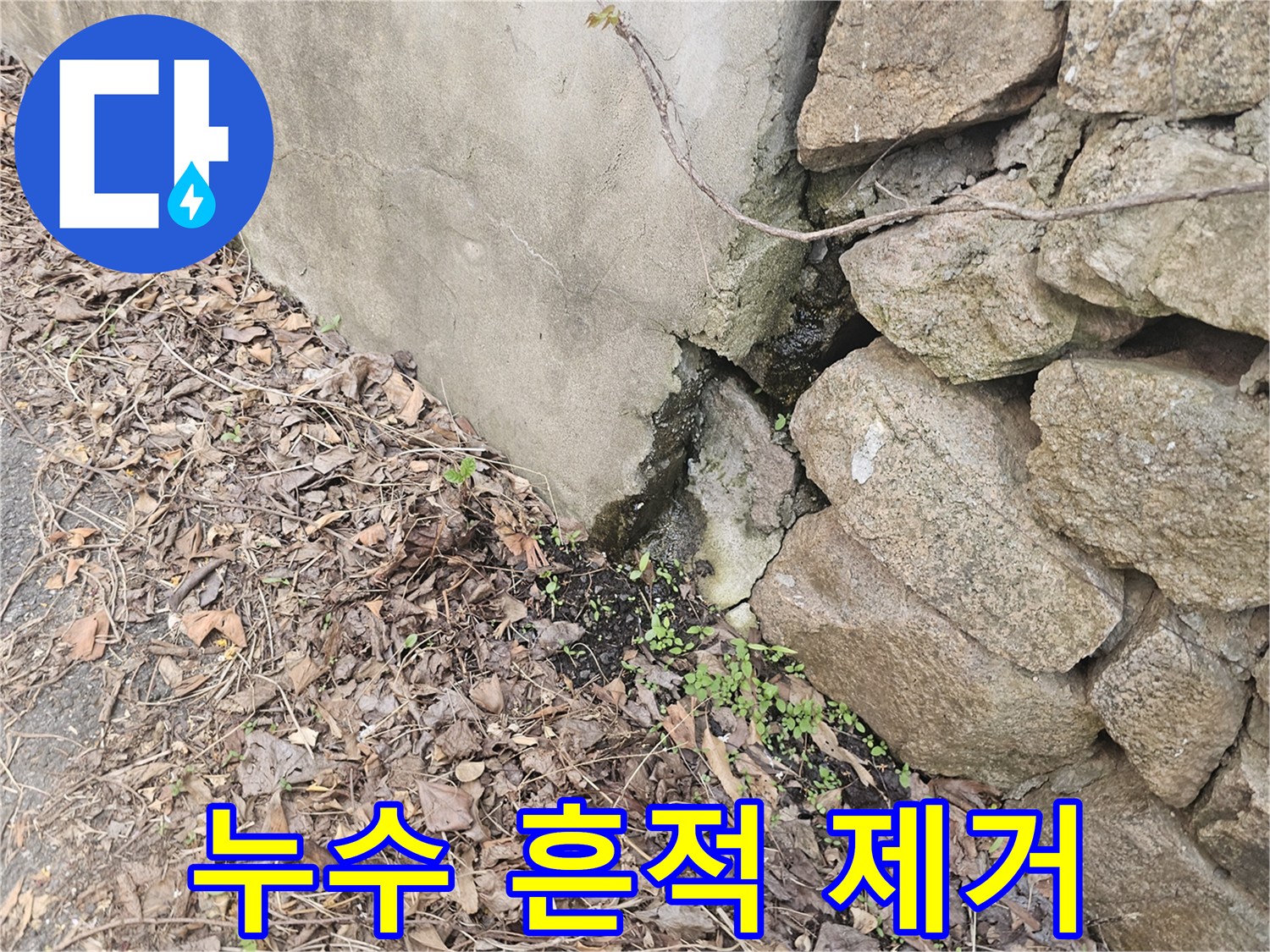 콘크리트 벽과-돌담 사이의-누수 흔적을-보여주며-외벽 방수 공사-전-현장 점검-사진입니다