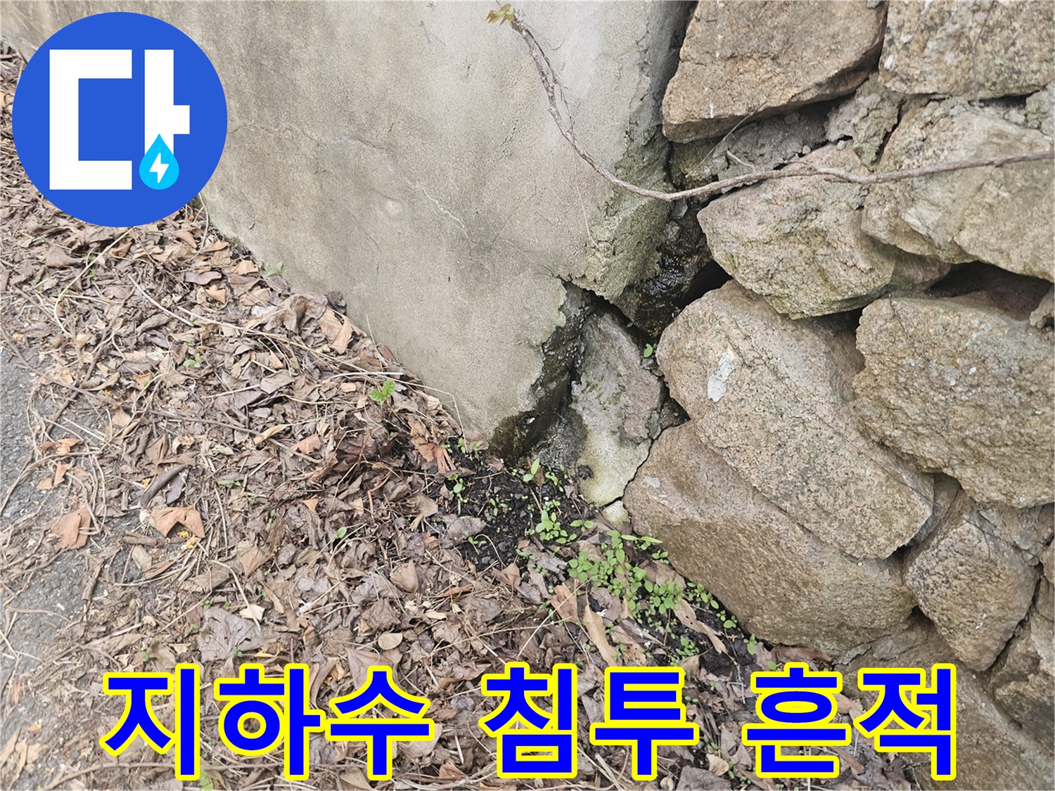 콘크리트 벽면과-돌담 사이의-틈새에서-지하수가-침투하는-누수 현장을-보여줍니다
