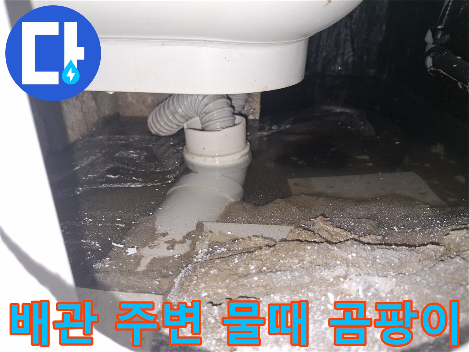 이 이미지는 경기 용인 수지 푸른마을푸르지오에서 배관 누수로-물때와 곰팡이가 발생한 상황을 보여줍니다.