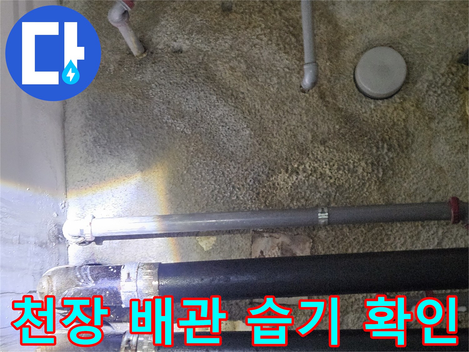 단열재가 젖어 있는 천장 배관 부위의 근접 촬영본입니다.