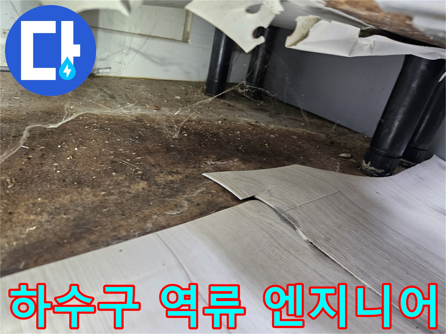 하수구-역류로-인해-바닥이-오염되고-장판이-들뜬-현장에서-누수-전문-엔지니어가-진단하는-모습