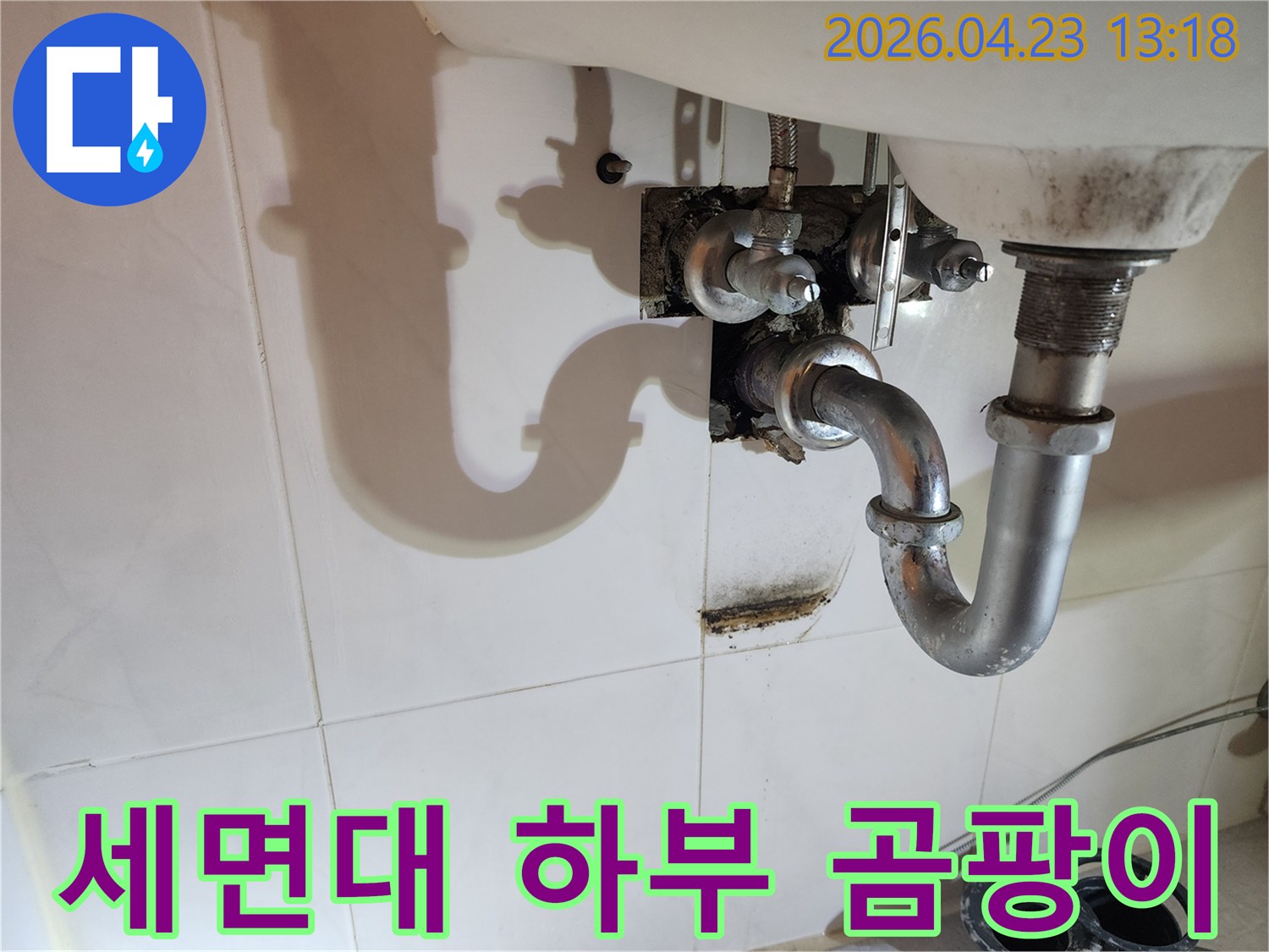 이 이미지는 양주 삼숭동 아파트 세면대 하부 배관에서 발생한-누수로 인해 벽면에 생긴 곰팡이와 물자국을 보여주며-환경 개선의 필요성을 강조합니다.