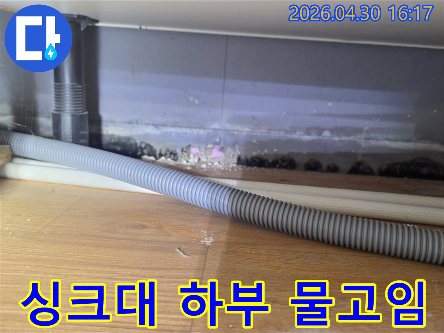 싱크대 하부 바닥에 물이 고여 있고-물샘 흔적과 곰팡이가 발생한 현장 사진