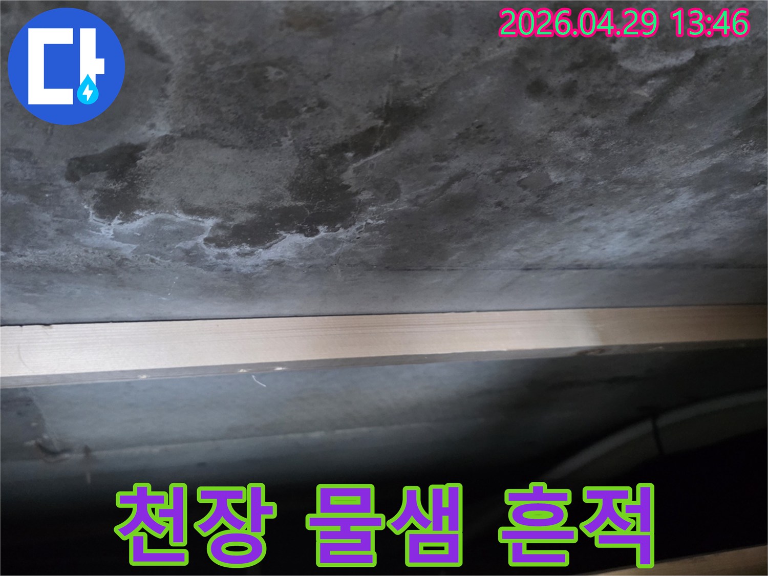 천장 콘크리트 표면에 짙은 물자국과-하얀 백화 현상이 넓게 퍼져 있는 모습입니다.